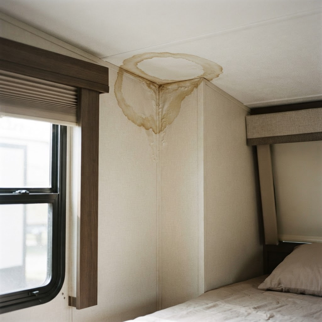 Water stain on the interior ceiling corner of an RV, evidence of a roof or window leak for an insurance claim