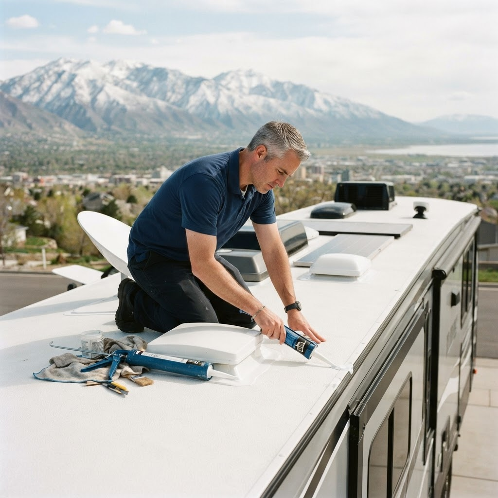 RV technician applying fresh lap sealant along a camper roof seam